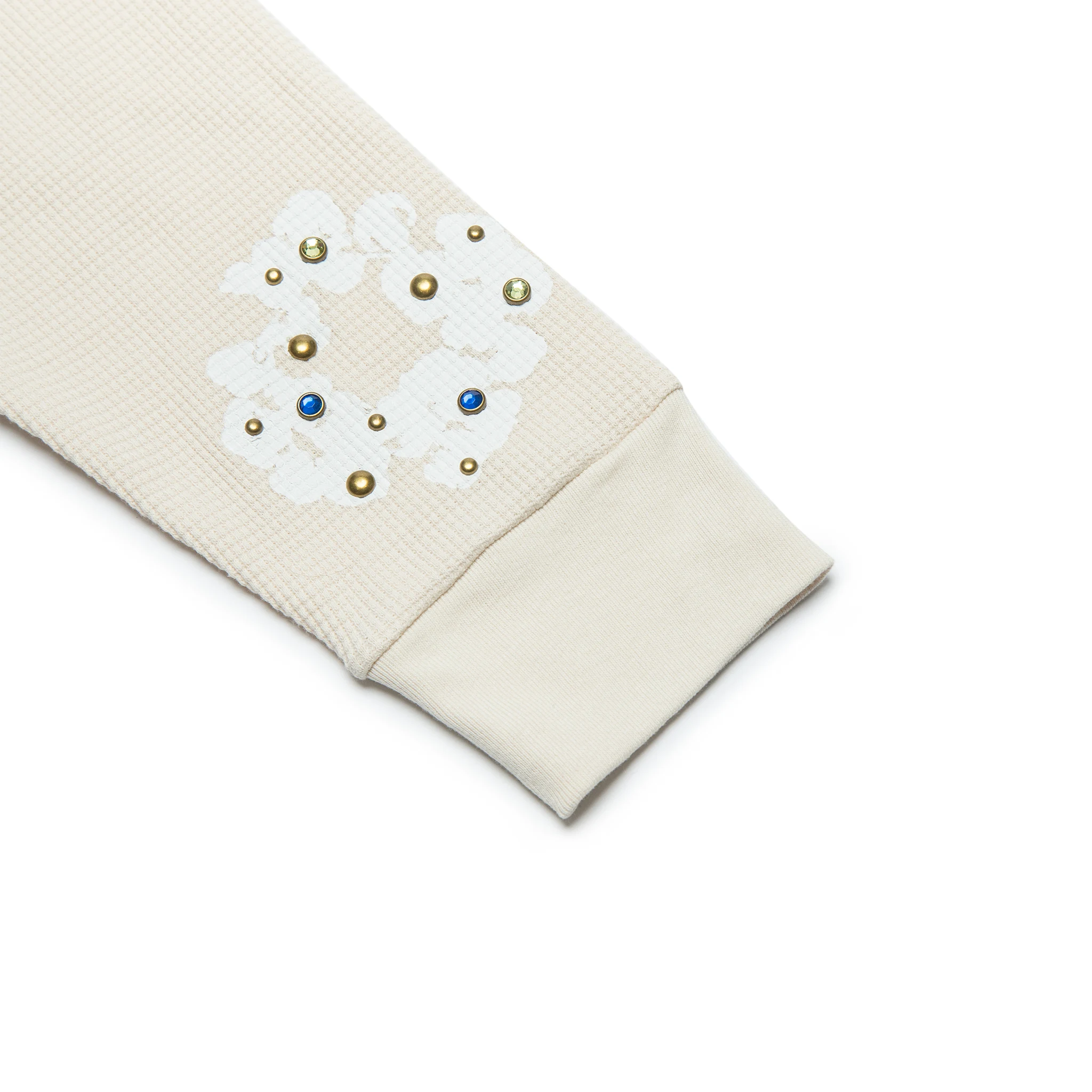 Sleeve view of Denim Tears Rhinestone The Cotton Wreath Long-Sleeve Thermal Oatmeal T Shirt